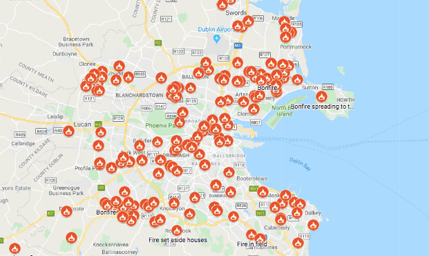 This map shows the extent of Dublin Fire Brigade’s stellar work on Halloween night This map shows the extent of Dublin Fire Brigade’s stellar work on Halloween night