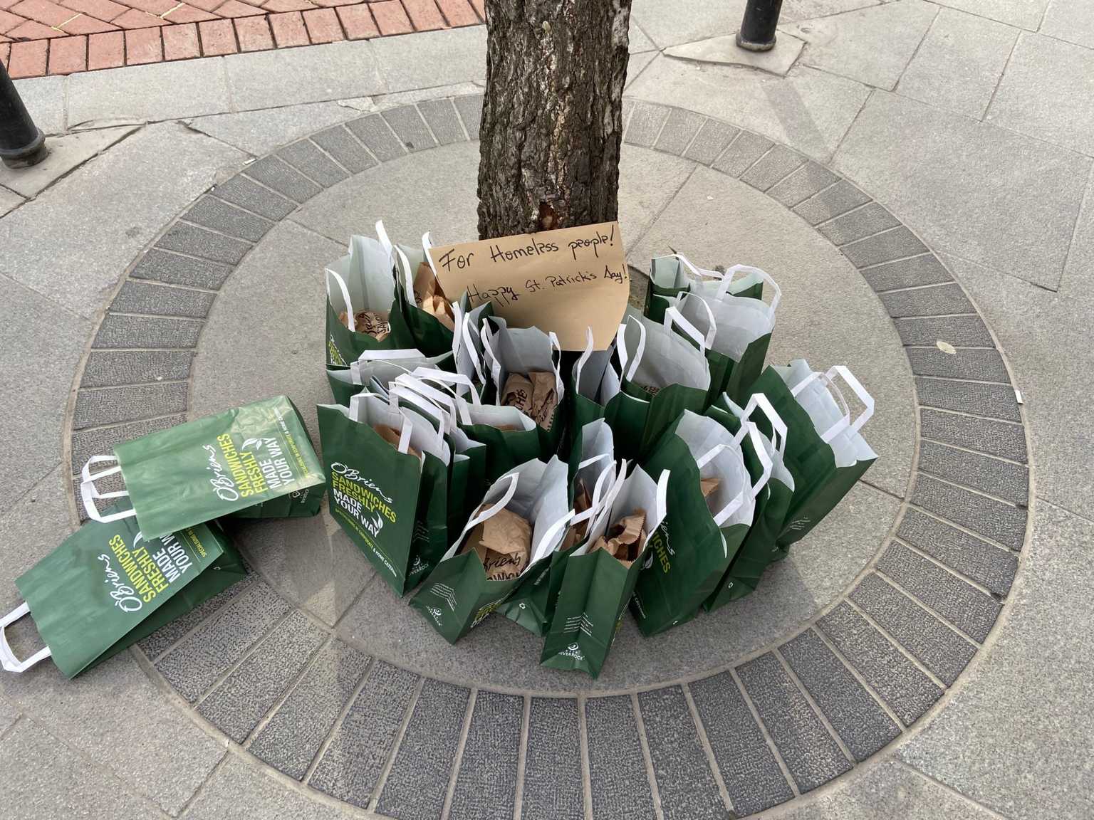 Bags of sandwiches for the homeless appear outside Stephen’s Green Shopping Centre