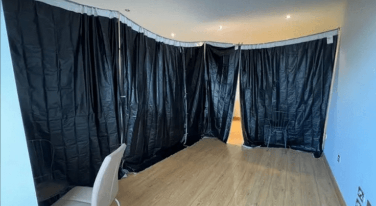 Southside property advertises ‘bedroom’ to rent with black plastic sheets instead of walls Southside property advertises ‘bedroom’ to rent with black plastic sheets instead of walls